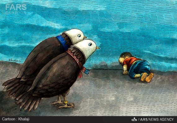کاریکاتور/ماسک انسان دوستی بر صورت آمریکا و حامیان غربی اش
